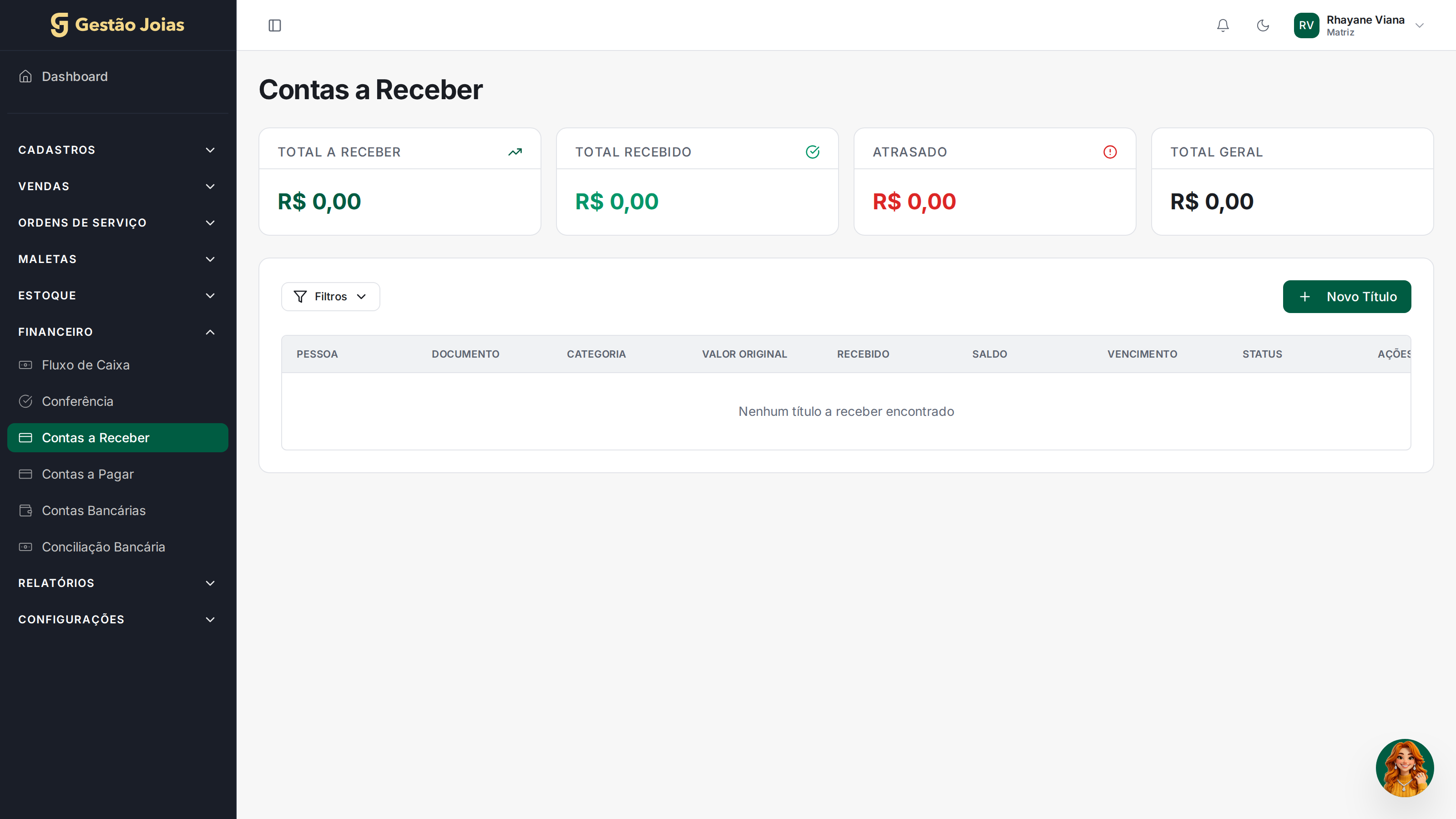 Tela de Contas a Receber do Gestão Joias com parcelas, vencimentos e status de recebimento