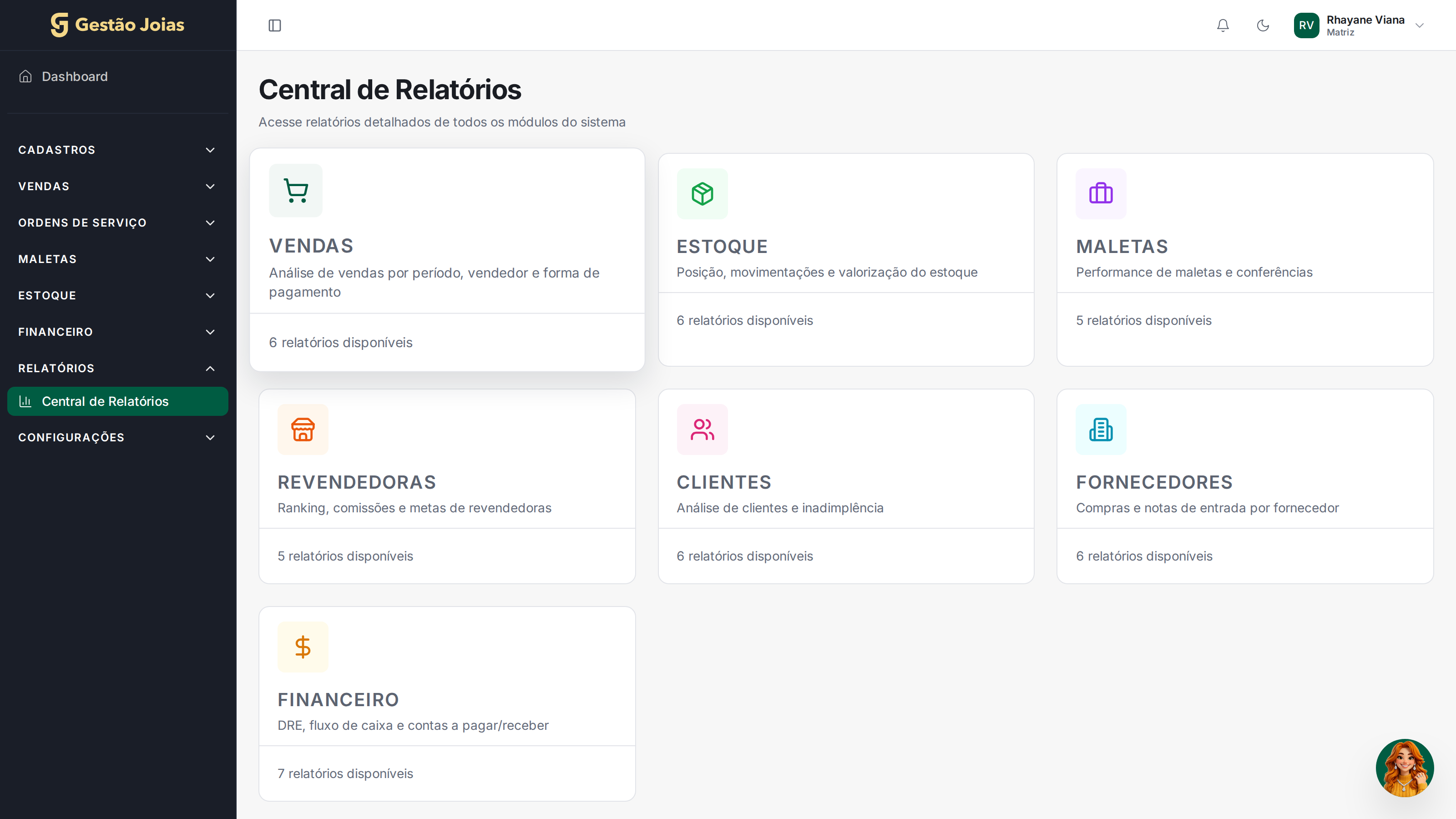 Central de relatórios do Gestão Joias