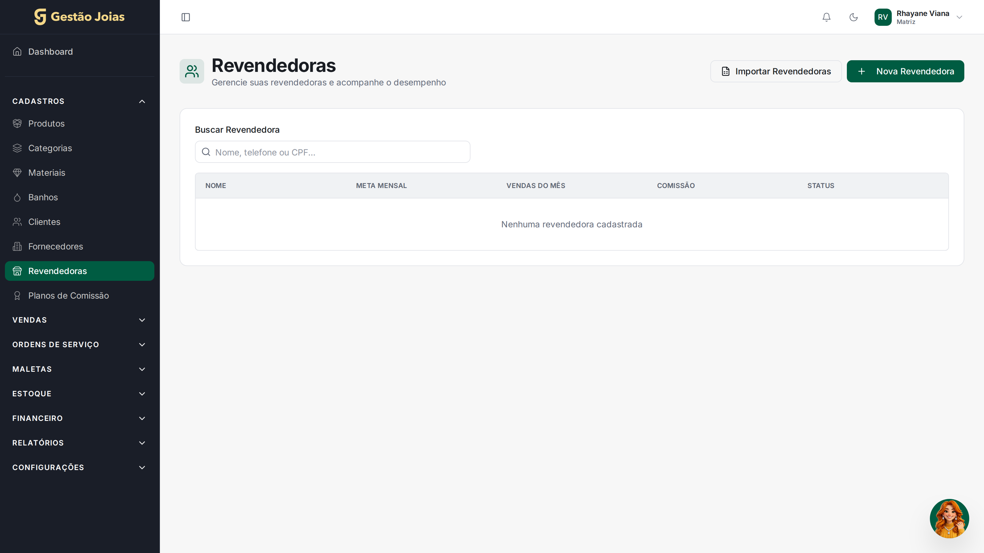 Tela de Gestão de Revendedoras do Gestão Joias com lista de revendedoras, saldos e comissões