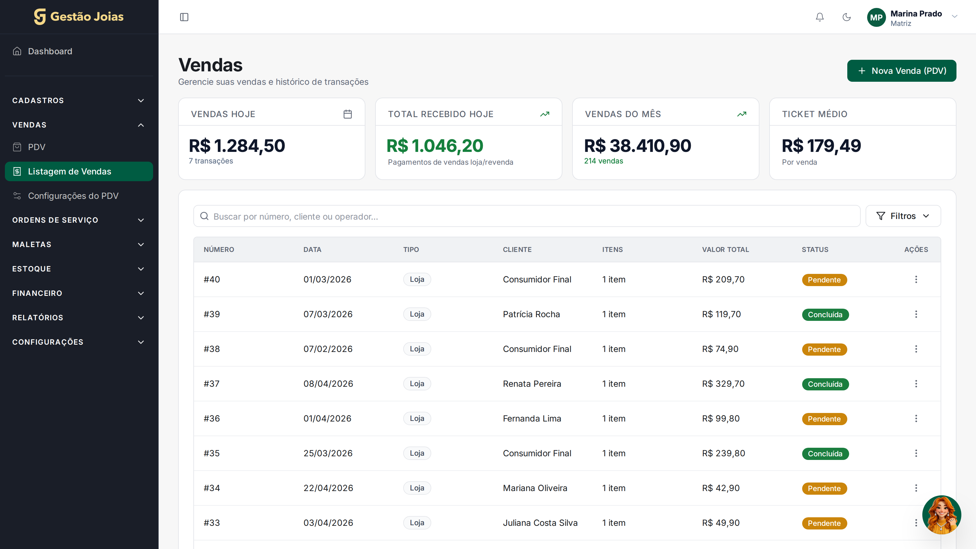 Listagem de vendas do Gestão Joias com status e valores